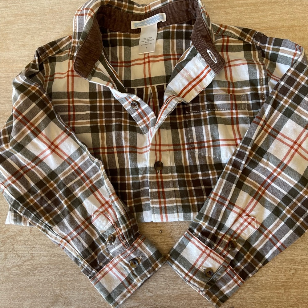 Janie and Jack Brown, White, and Orange Plaid Button Down Shirt